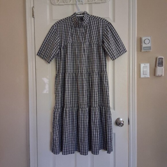 Everlane Women's XS Blue Plaid Mock Neck Cotton Midi Dress - Picture 3 of 13